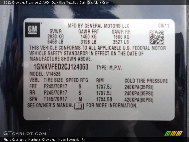 Info Tag of 2012 Traverse LS AWD