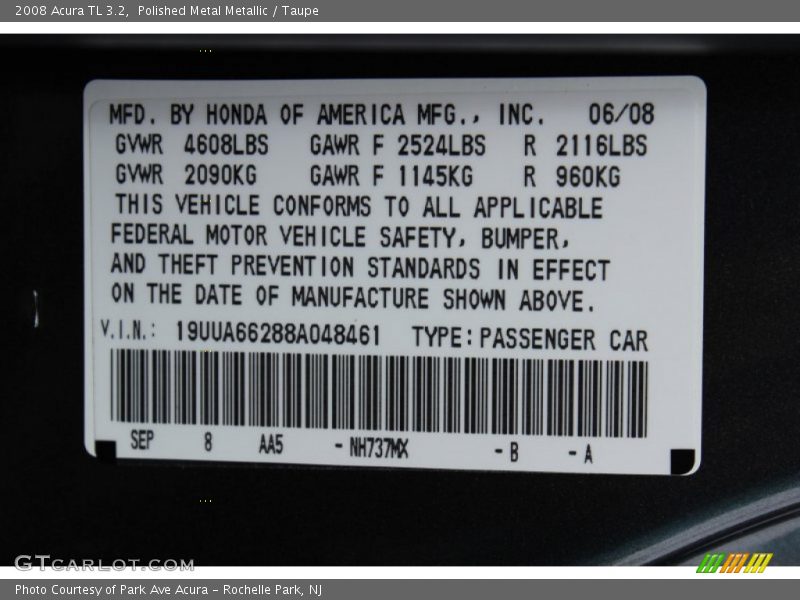 Polished Metal Metallic / Taupe 2008 Acura TL 3.2