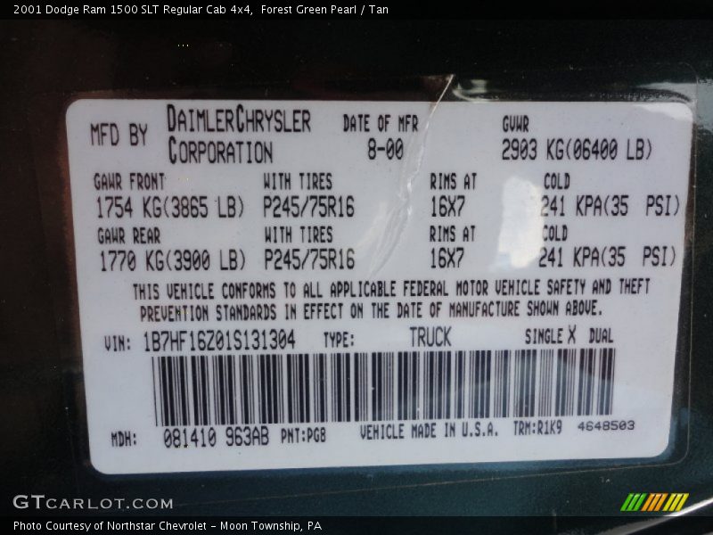 2001 Ram 1500 SLT Regular Cab 4x4 Forest Green Pearl Color Code PG8