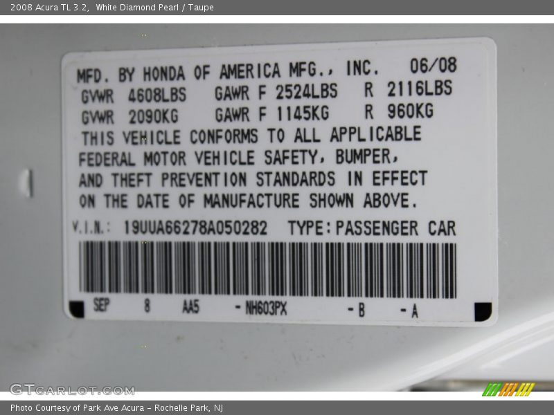 White Diamond Pearl / Taupe 2008 Acura TL 3.2