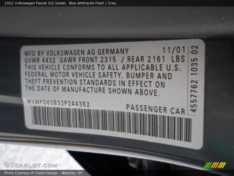 Blue Anthracite Pearl / Grey 2002 Volkswagen Passat GLS Sedan