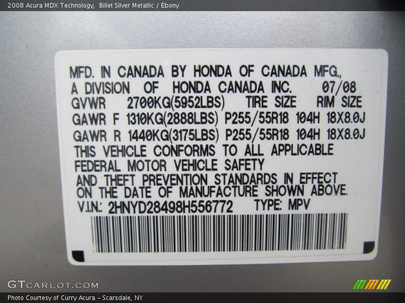 Billet Silver Metallic / Ebony 2008 Acura MDX Technology