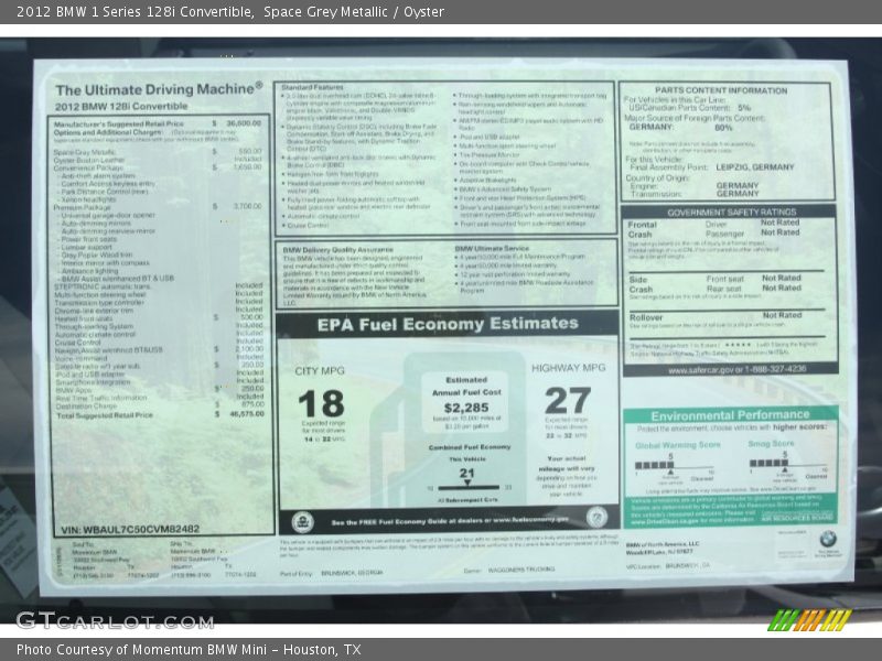  2012 1 Series 128i Convertible Window Sticker