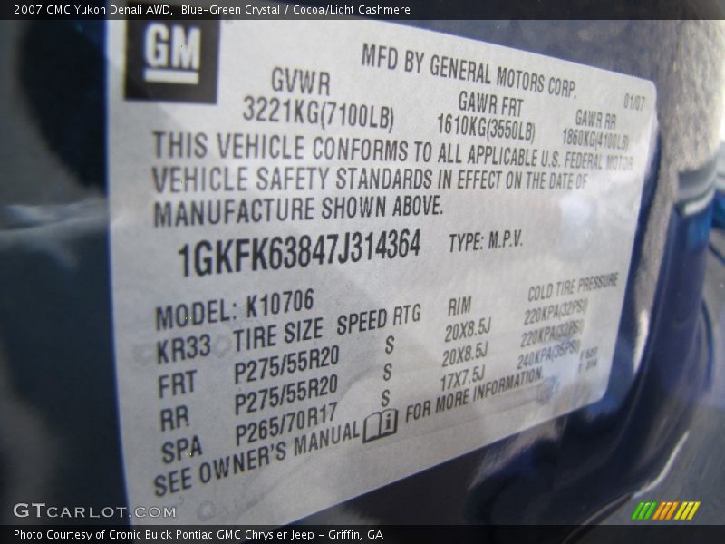 Blue-Green Crystal / Cocoa/Light Cashmere 2007 GMC Yukon Denali AWD