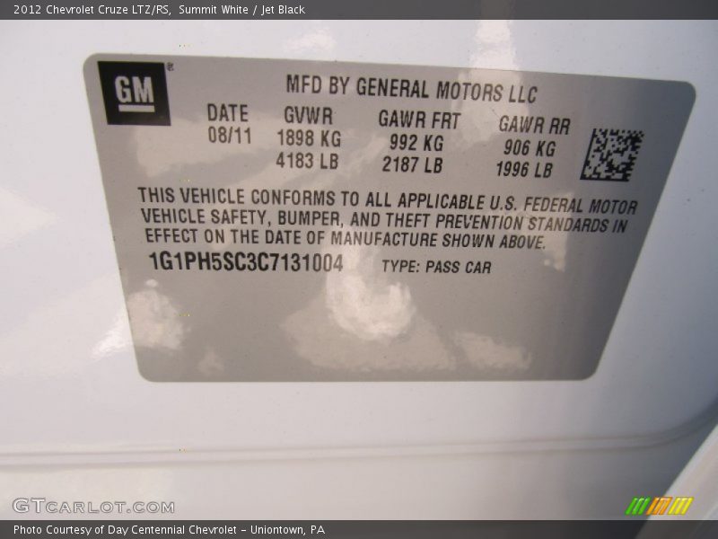 Summit White / Jet Black 2012 Chevrolet Cruze LTZ/RS