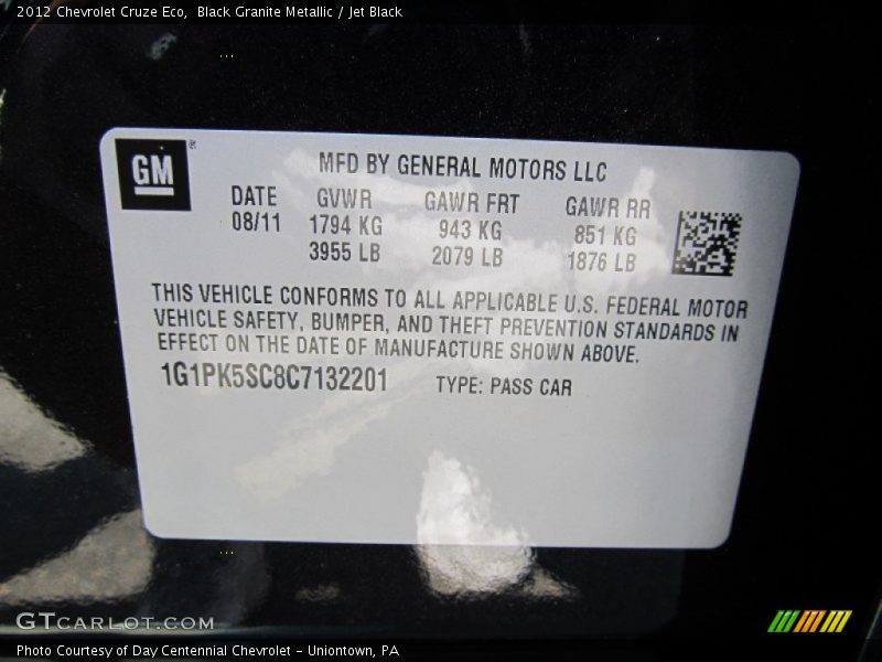 Info Tag of 2012 Cruze Eco