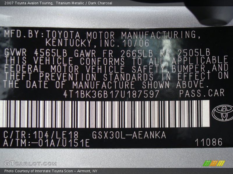 Titanium Metallic / Dark Charcoal 2007 Toyota Avalon Touring