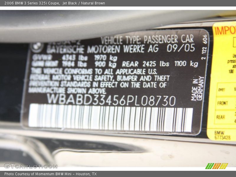 Jet Black / Natural Brown 2006 BMW 3 Series 325i Coupe