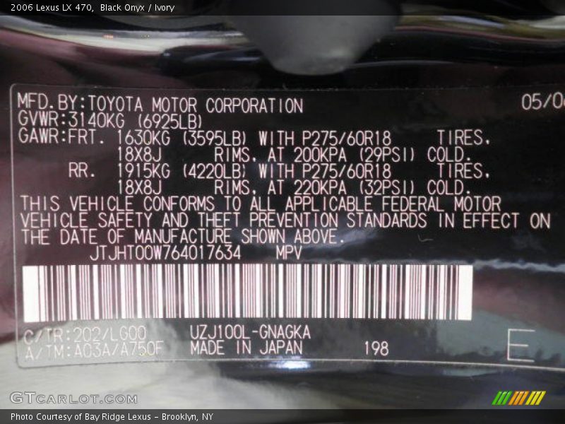 Black Onyx / Ivory 2006 Lexus LX 470