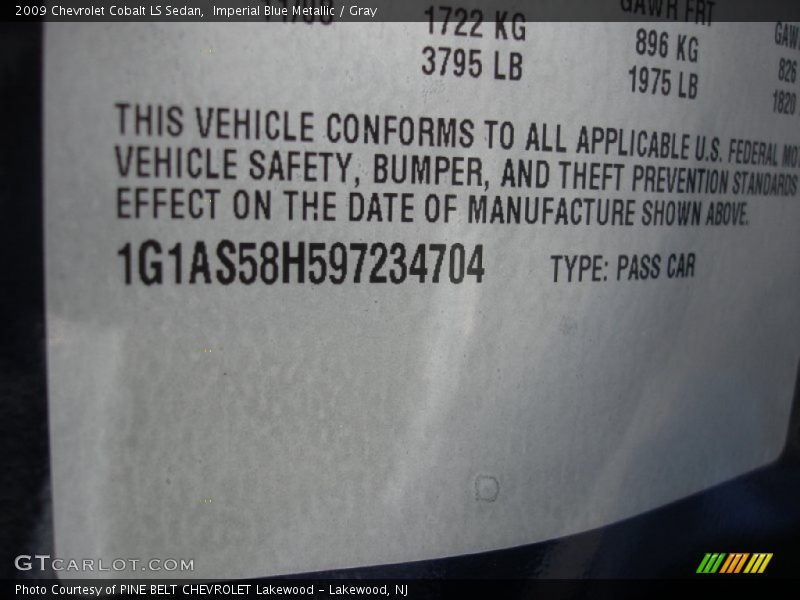 Imperial Blue Metallic / Gray 2009 Chevrolet Cobalt LS Sedan