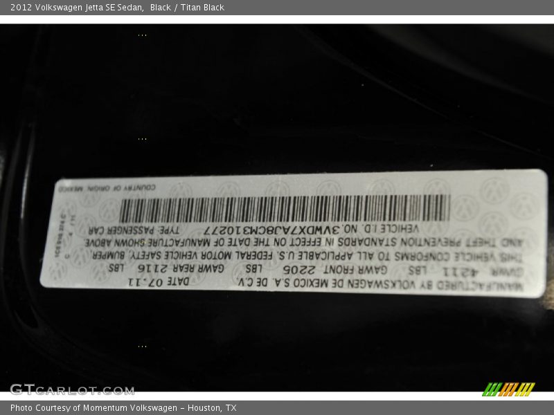 Black / Titan Black 2012 Volkswagen Jetta SE Sedan