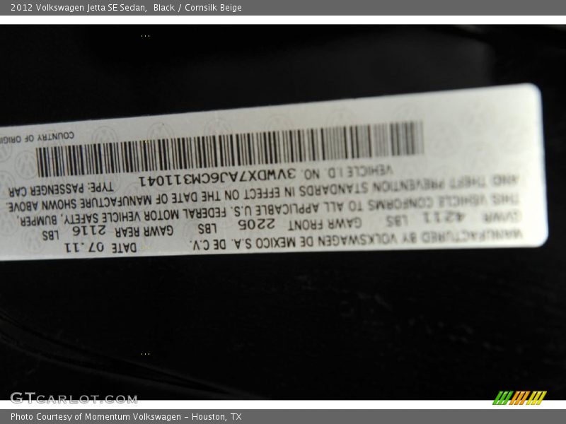 Black / Cornsilk Beige 2012 Volkswagen Jetta SE Sedan