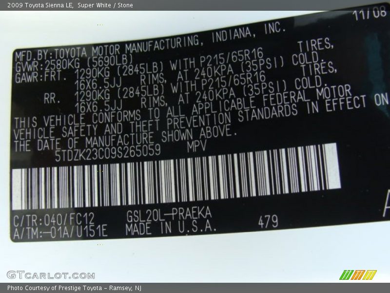 Super White / Stone 2009 Toyota Sienna LE