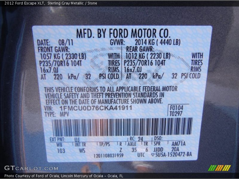 Sterling Gray Metallic / Stone 2012 Ford Escape XLT