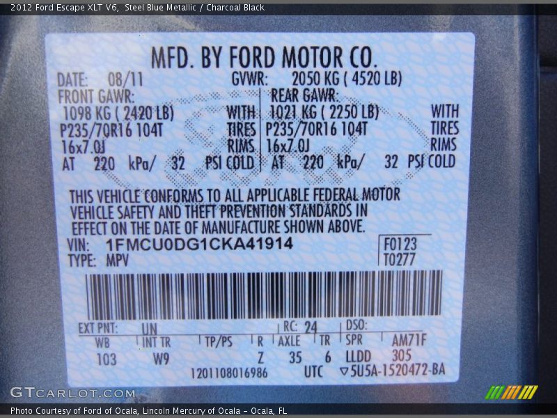 2012 Escape XLT V6 Steel Blue Metallic Color Code UN