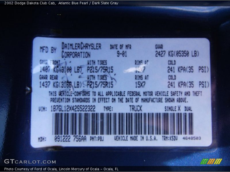 2002 Dakota Club Cab Atlantic Blue Pearl Color Code PBJ