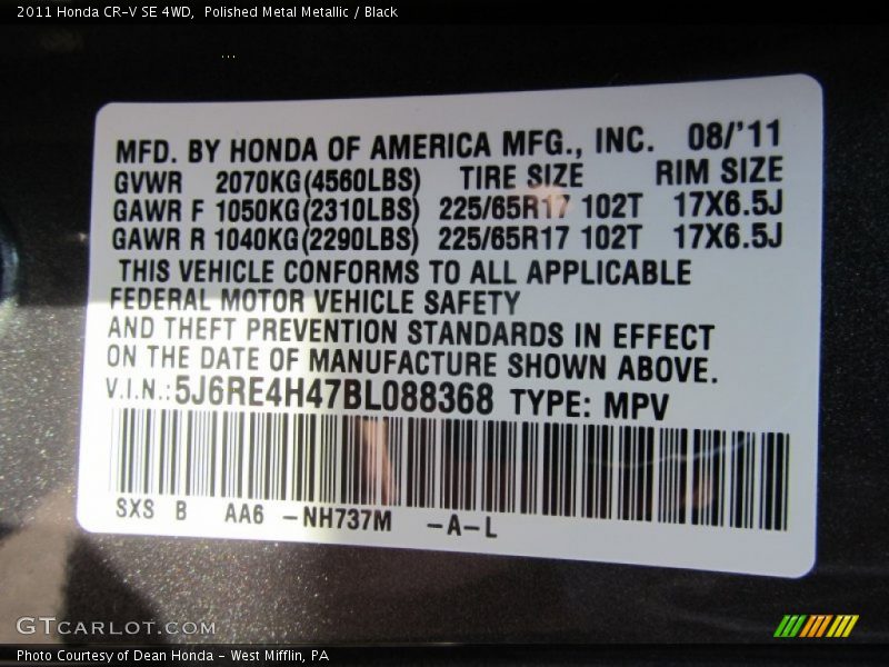 2011 CR-V SE 4WD Polished Metal Metallic Color Code NH737M