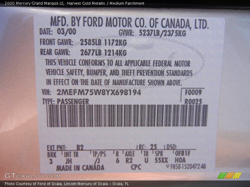 Harvest Gold Metallic / Medium Parchment 2000 Mercury Grand Marquis LS