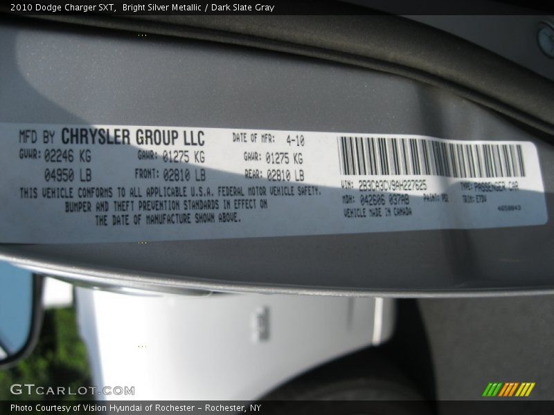 Bright Silver Metallic / Dark Slate Gray 2010 Dodge Charger SXT