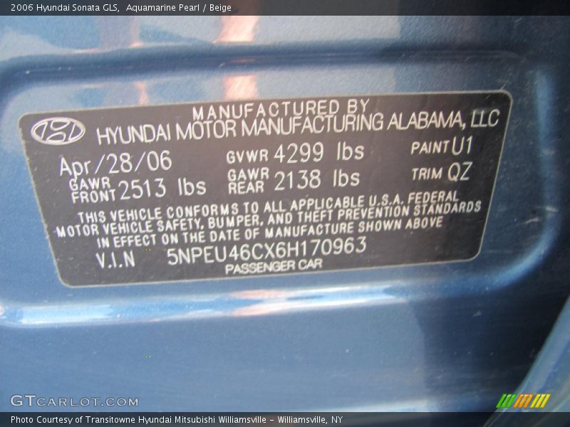 Aquamarine Pearl / Beige 2006 Hyundai Sonata GLS