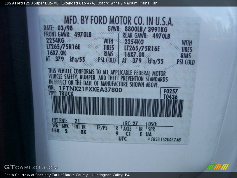 Oxford White / Medium Prairie Tan 1999 Ford F250 Super Duty XLT Extended Cab 4x4
