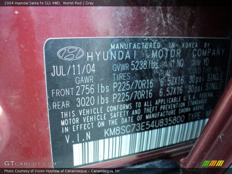 2004 Santa Fe GLS 4WD Merlot Red Color Code NQ