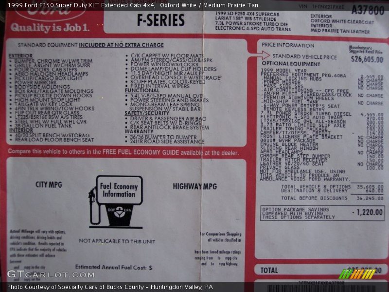 Oxford White / Medium Prairie Tan 1999 Ford F250 Super Duty XLT Extended Cab 4x4