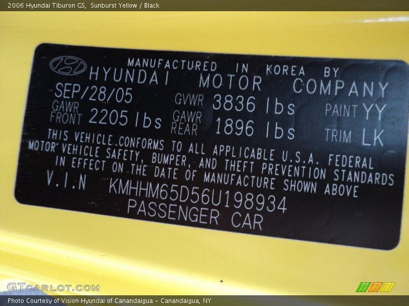 Sunburst Yellow / Black 2006 Hyundai Tiburon GS