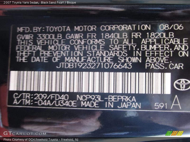 Black Sand Pearl / Bisque 2007 Toyota Yaris Sedan