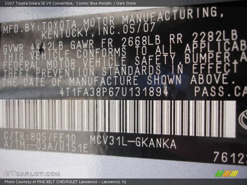 Cosmic Blue Metallic / Dark Stone 2007 Toyota Solara SE V6 Convertible