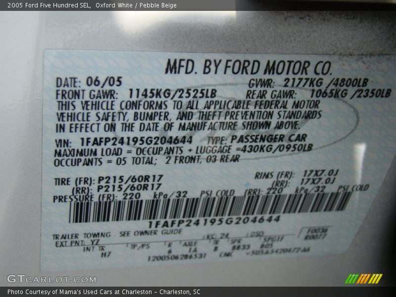 Oxford White / Pebble Beige 2005 Ford Five Hundred SEL