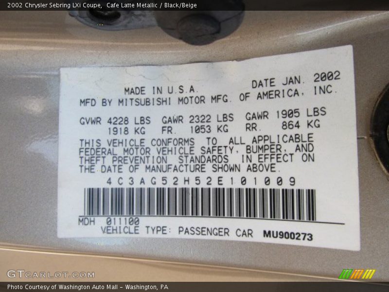 Cafe Latte Metallic / Black/Beige 2002 Chrysler Sebring LXi Coupe