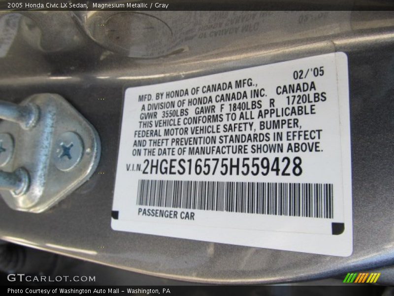 Magnesium Metallic / Gray 2005 Honda Civic LX Sedan