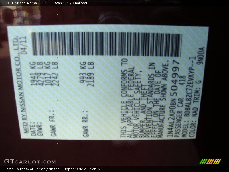 Tuscan Sun / Charcoal 2011 Nissan Altima 2.5 S