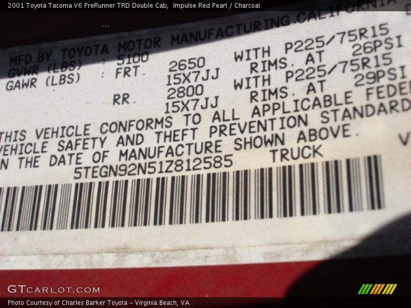 Impulse Red Pearl / Charcoal 2001 Toyota Tacoma V6 PreRunner TRD Double Cab