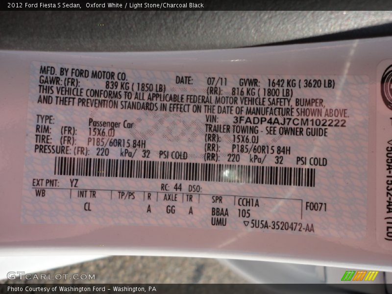 2012 Fiesta S Sedan Oxford White Color Code YZ