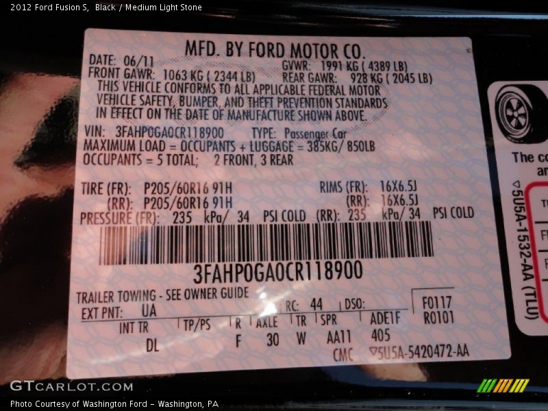 2012 Fusion S Black Color Code UA