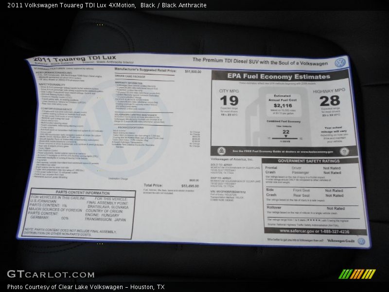  2011 Touareg TDI Lux 4XMotion Window Sticker