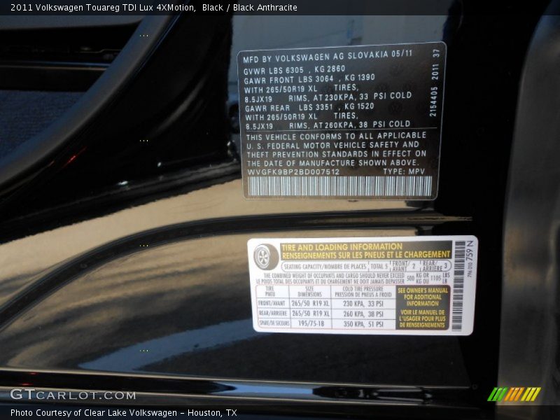 Info Tag of 2011 Touareg TDI Lux 4XMotion