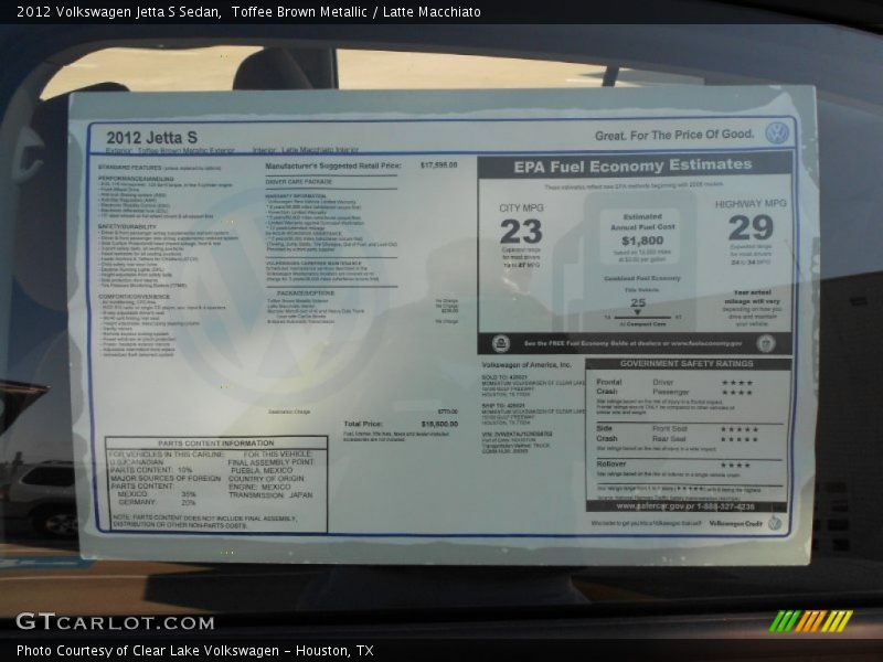  2012 Jetta S Sedan Window Sticker