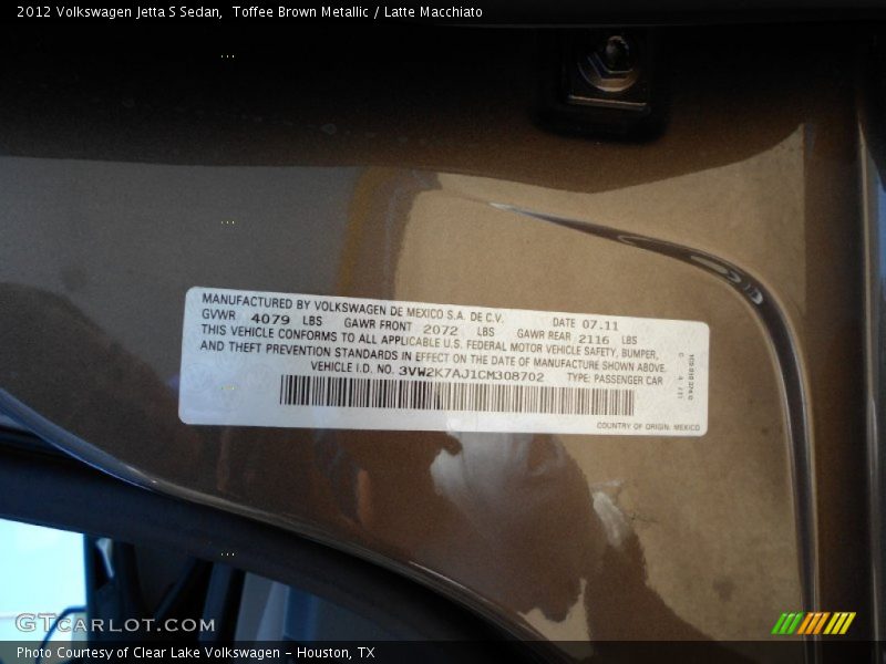 Toffee Brown Metallic / Latte Macchiato 2012 Volkswagen Jetta S Sedan