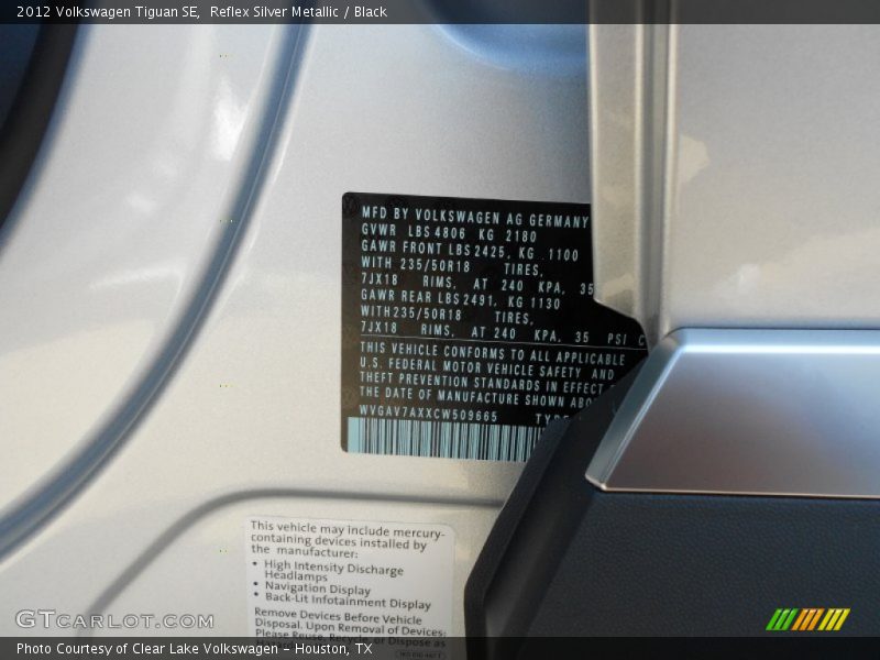 Info Tag of 2012 Tiguan SE