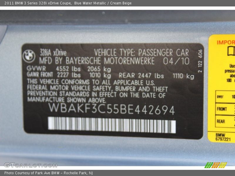 Info Tag of 2011 3 Series 328i xDrive Coupe