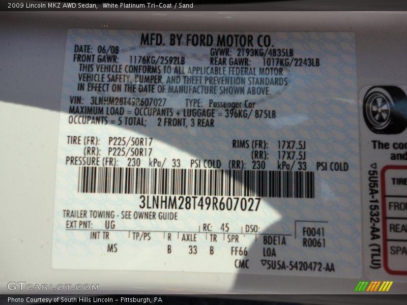2009 MKZ AWD Sedan White Platinum Tri-Coat Color Code UG