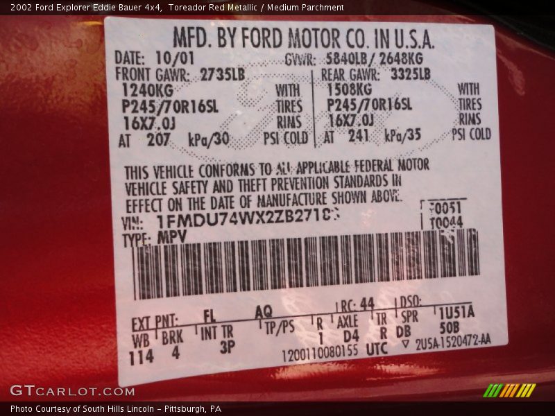 2002 Explorer Eddie Bauer 4x4 Toreador Red Metallic Color Code FL