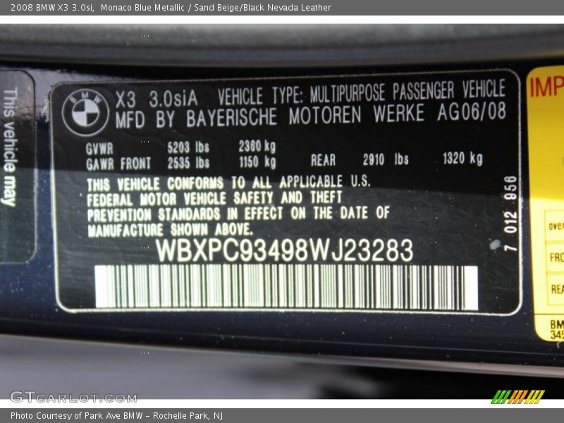 Monaco Blue Metallic / Sand Beige/Black Nevada Leather 2008 BMW X3 3.0si