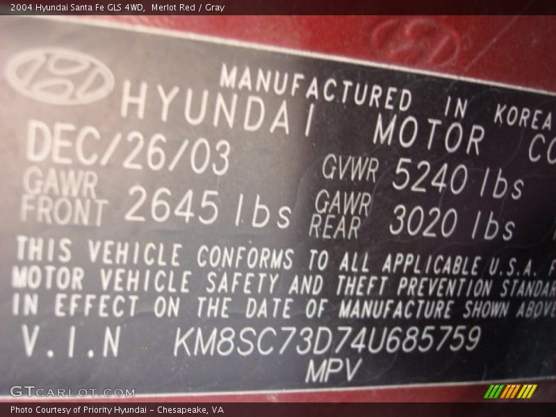 Merlot Red / Gray 2004 Hyundai Santa Fe GLS 4WD