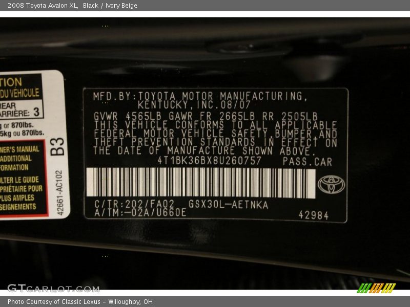 Black / Ivory Beige 2008 Toyota Avalon XL
