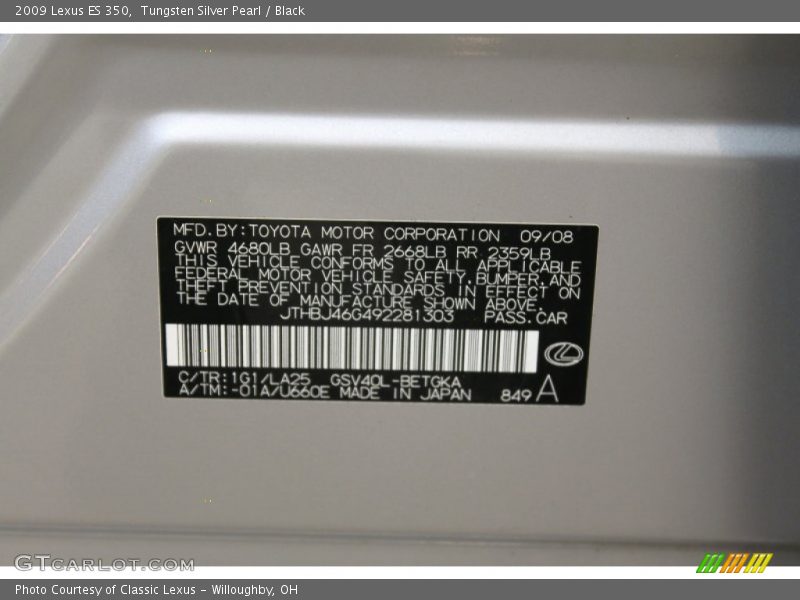 Tungsten Silver Pearl / Black 2009 Lexus ES 350
