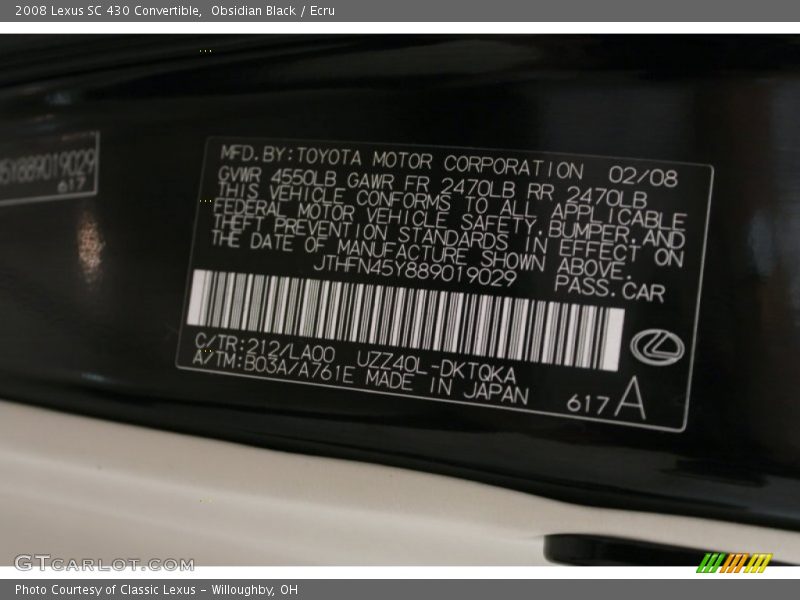 2008 SC 430 Convertible Obsidian Black Color Code 212